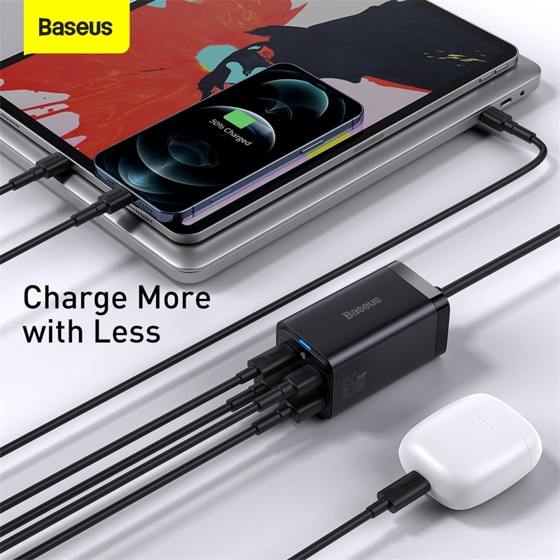 Bộ Sạc Nhanh Để Bàn Baseus GaN3 Pro 65W | 4 Cổng Type-C USB Nối Dài Sạc Laptop Điện Thoại