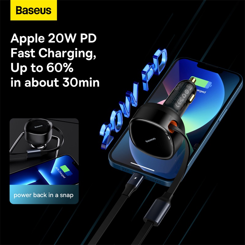 Tẩu Sạc Kèm Cáp Công Suất Cao Baseus Enjoyment Retractable 2-in-1 Car Charger C+L 30W