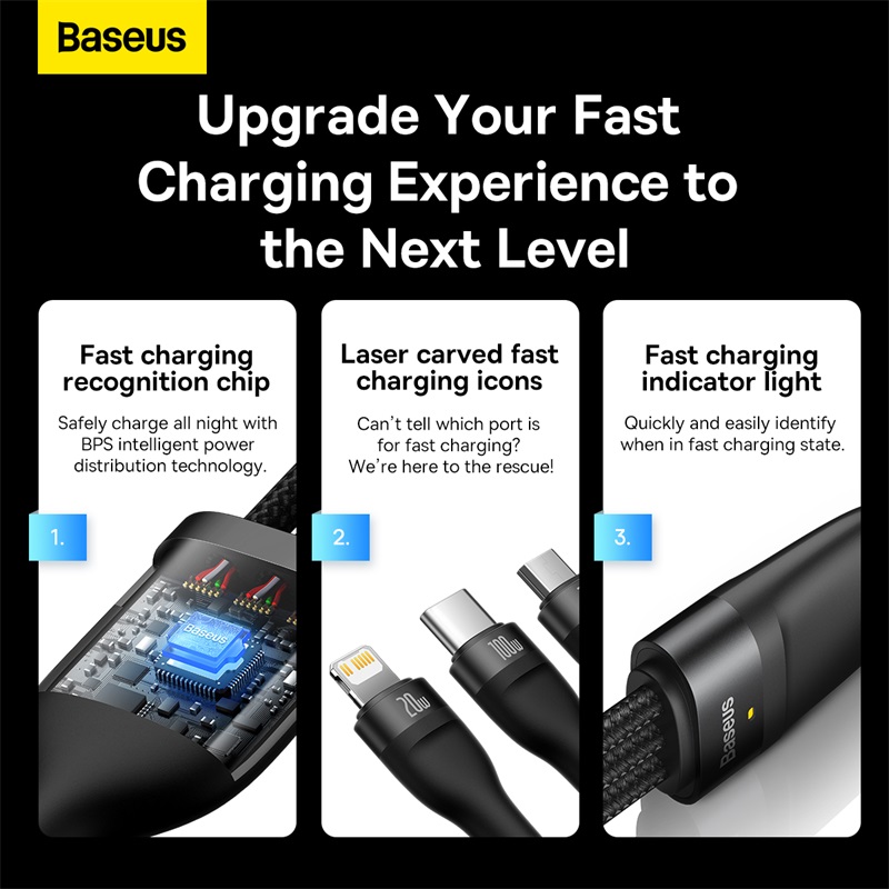 Cáp sạc nhanh 3 đầu Baseus Flash Series Ⅱ One-for-three Fast Charging Cable Type-C to M+L+C 100W