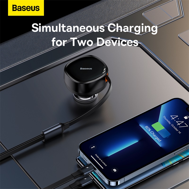 Tẩu Sạc Kèm Cáp Công Suất Cao Baseus Enjoyment Retractable 2-in-1 Car Charger C+L 30W