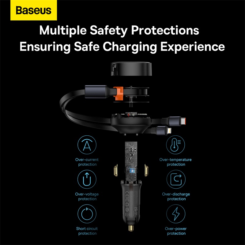 Tẩu Sạc Baseus Enjoyment 30W Kèm 2 Dây Rút Gọn | 1 Cáp Type-C & 1 Cáp Ln, Sạc Nhanh PD