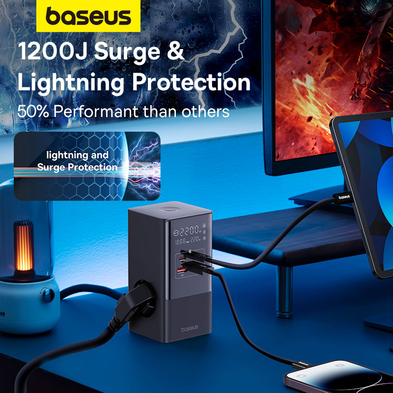 Bộ Sạc Nhanh OS-Baseus PowerCombo Tower Digital PowerStrip 3AC+2U+2C 35W (Chân cắm tròn, chiều dài dây 1.5m)