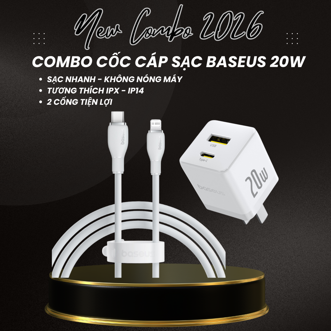 Combo Cốc Cáp Sạc Baseus 20W - Sạc Nhanh - Không Nóng Máy (Cốc Type-C + USB, Cáp Type-C to Ln 1m)