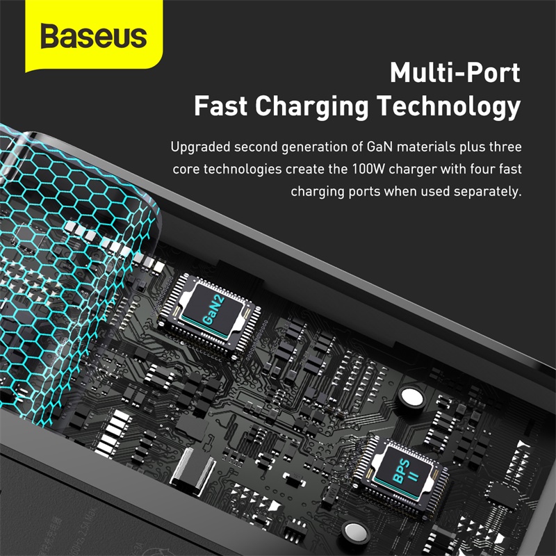 Cốc Sạc Baseus GaN2 Pro 100W | Hỗ Trợ Sạc Nhanh Laptop Máy Tính Bảng QC PD, 2Type-C + 2USB