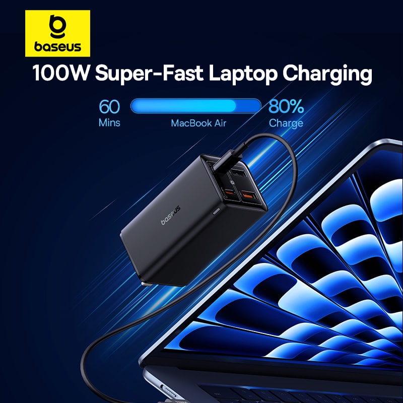 Bộ Cốc Sạc Baseus GaN6 Pro 100W | 4 Cổng Sạc 2Type-C 2USB, Kèm Cáp Type-C 100W