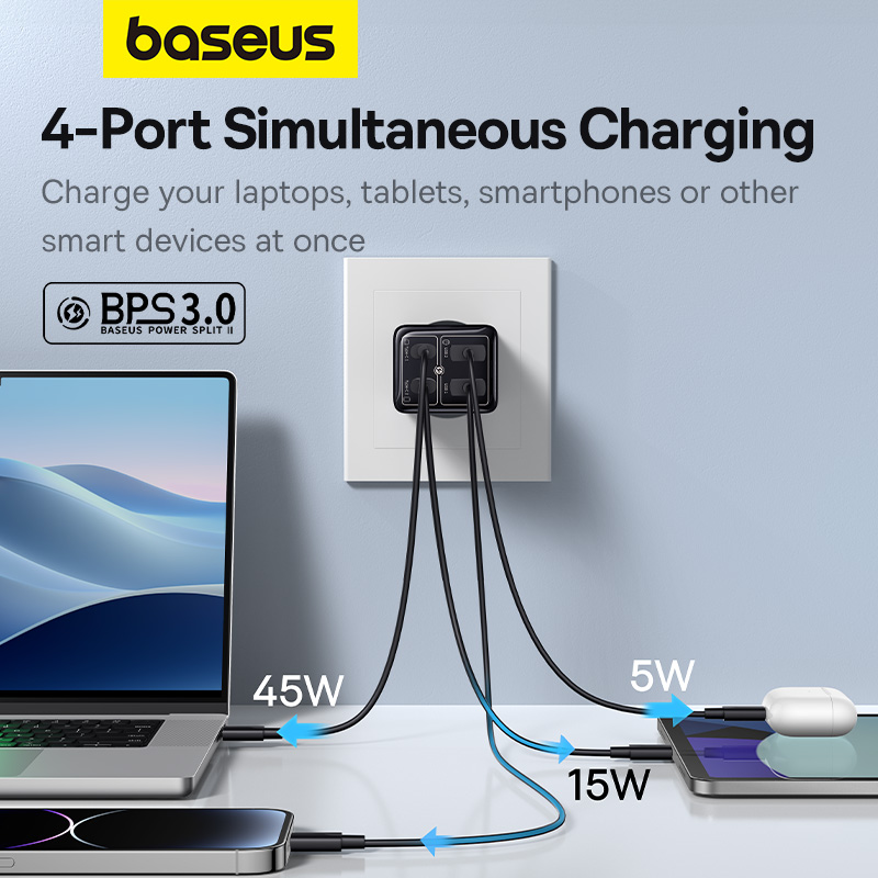 Cốc Sạc Baseus GaN6 Pro 65W 4 Cổng | 2 Type-C + 2USB, Sạc Nhanh Điện Thoại, BPS 3.0, Kèm Cáp 100W