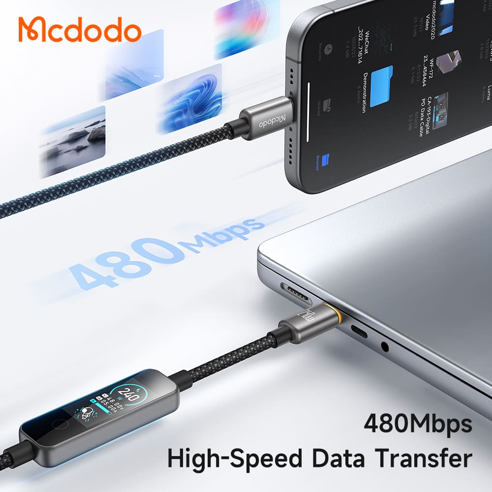 Cáp Sạc Nhanh Mcdodo Vision 240W Type-C to Type-C | Màn Hình TFT Cảm Ứng, Dây Dù