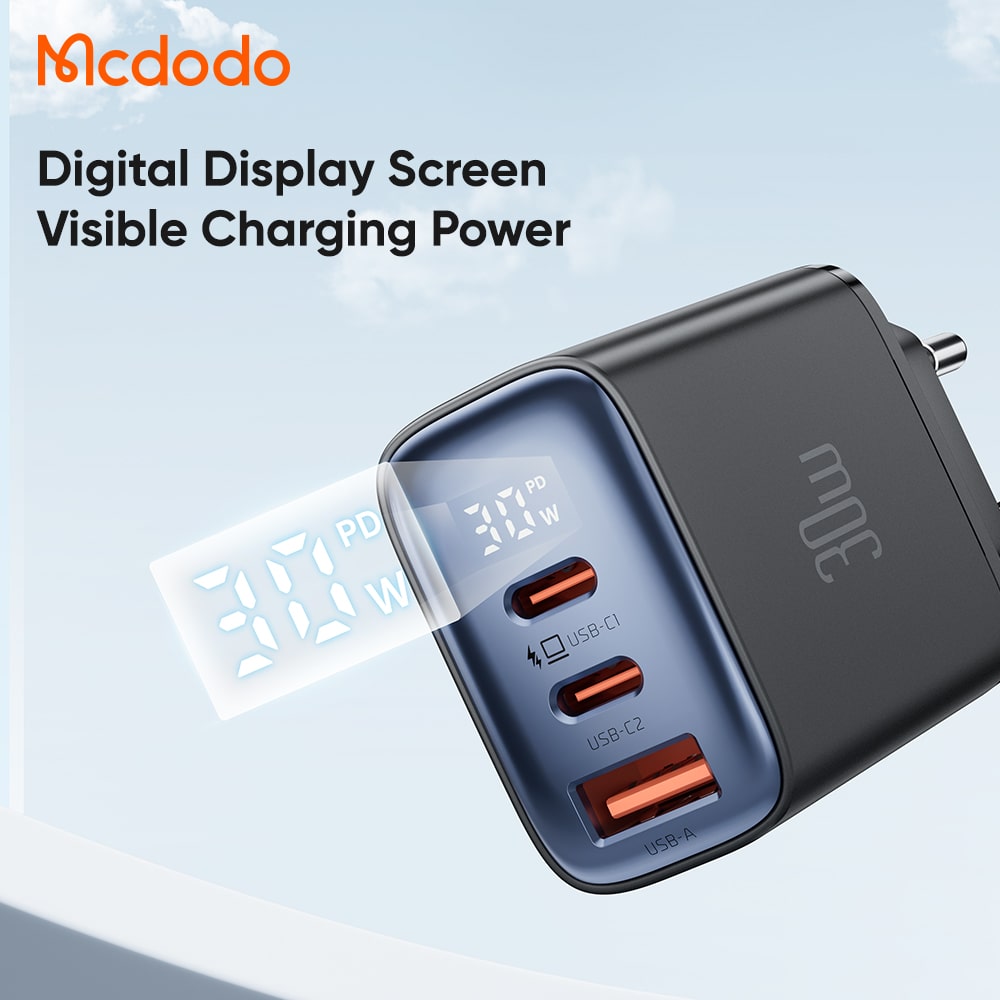Cốc Sạc Nhanh Mcdodo 30W Đa Năng 3 Cổng | 2 Type-C + 1 USB, Màn Hình Kỹ Thuật Số