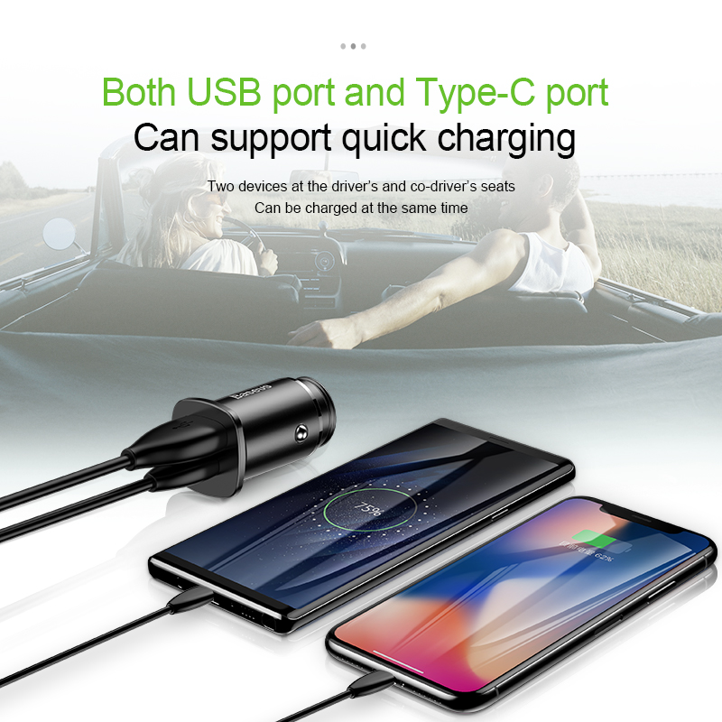 Tẩu Sạc Nhanh Baseus Square Metal 30W | 1 Cổng Type-C PD & 1 Cổng USB QC, Hỗ Trợ Sạc Nhanh PPS