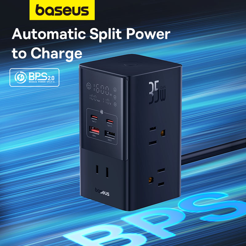 Bộ Sạc Nhanh OS-Baseus PowerCombo Tower Digital PowerStrip 6AC+2U+2C 35W (Dây 1.5m, Chân cắm dẹp US)