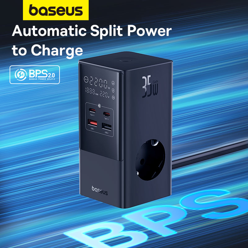 Bộ Sạc Nhanh OS-Baseus PowerCombo Tower Digital PowerStrip 3AC+2U+2C 35W (Chân cắm tròn, chiều dài dây 1.5m)