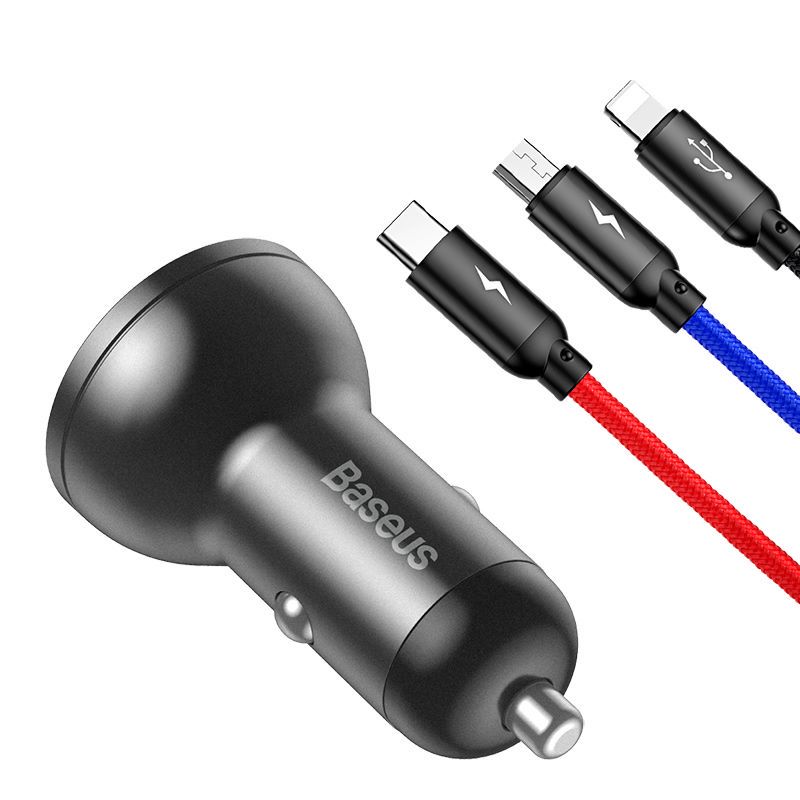 Tẩu Sạc Ô Tô Baseus 24W 2 Cổng USB | Màn Hình LED Hiển Thị Điện Áp Vỏ Nhôm Nguyên Khối Cho Xe Hơi
