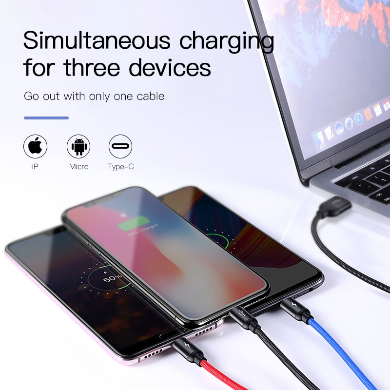 Cáp Sạc Đa Năng Baseus 3 Màu 3.5A | 3 trong 1 USB to  M+L+C, Chống Rối, Dây Dù Bền