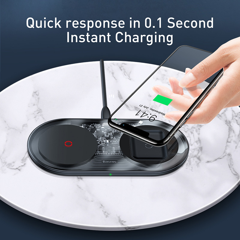 Đế Sạc Đôi Không Dây Baseus Simple 2 in 1 20W | Sạc Cùng Lúc 2 Máy, Trong Suốt, Tiện Lợi