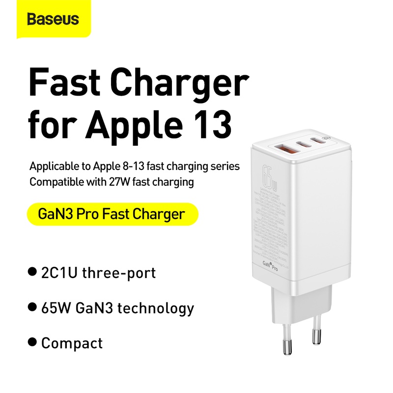 Bộ Sạc Baseus GaN3 Pro 65W | 3 Cổng 2 Type-C & 1 USB, Kèm Cáp, Sạc Nhanh Laptop