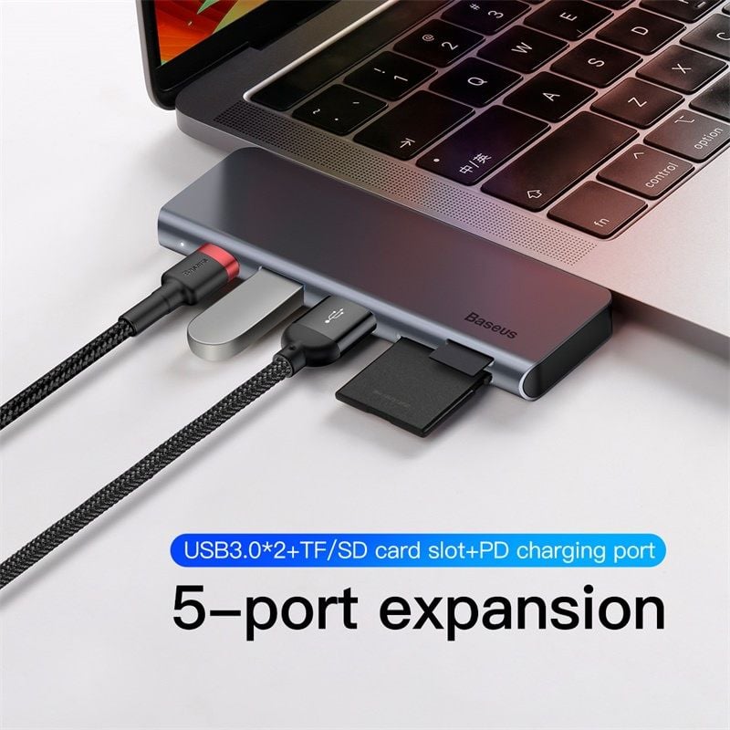 Hub Chuyển Đổi Baseus Harmonica 5 in 1 | USB 3.0, Đọc Thẻ SD/TF, Sạc Nhanh PD, Thiết Kế Gọn Nhẹ