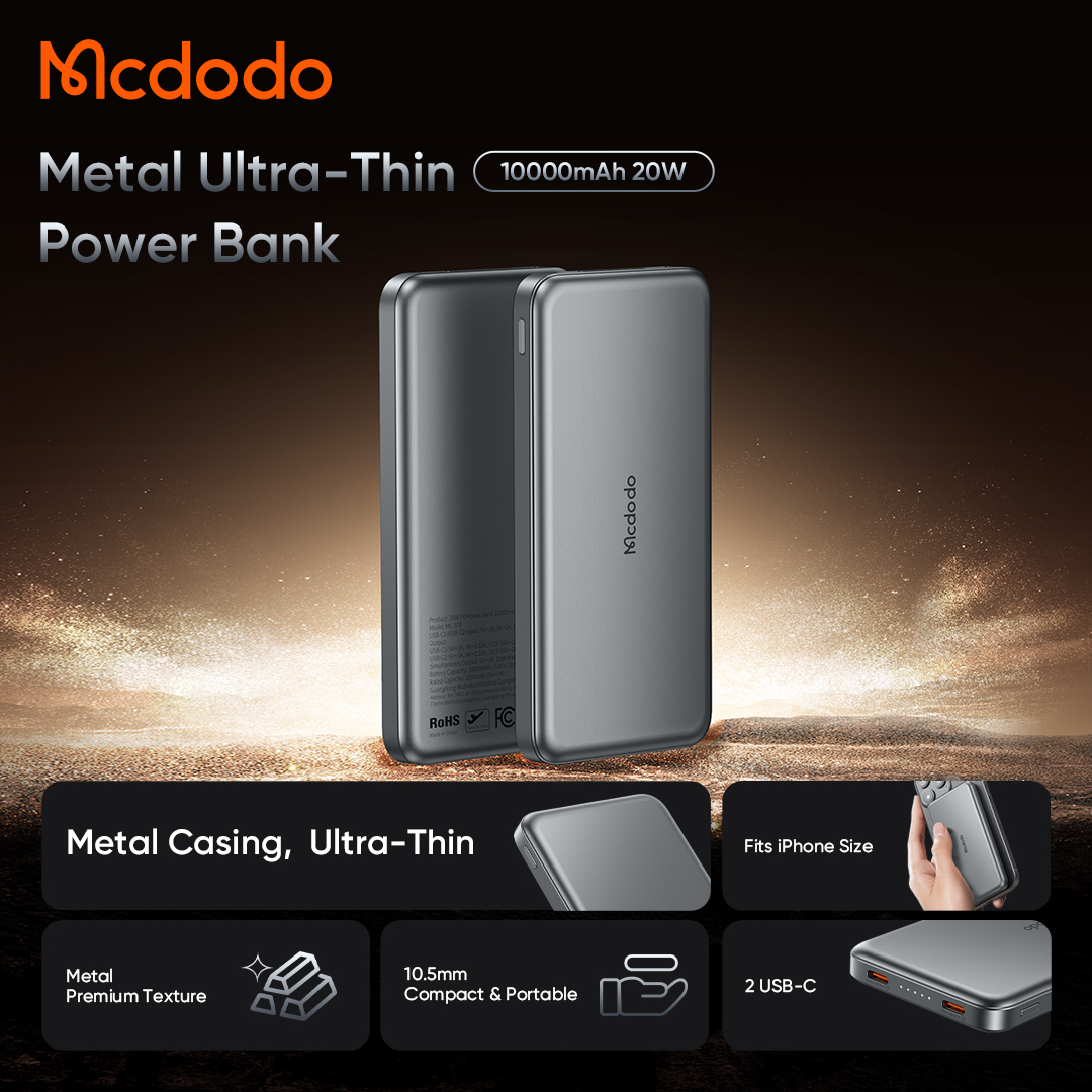 Pin Sạc Dự Phòng Mcdodo Metal Ultra-Thin Siêu Mỏng 10000mAh | Sạc Nhanh 20W, 2 Cổng Type-C