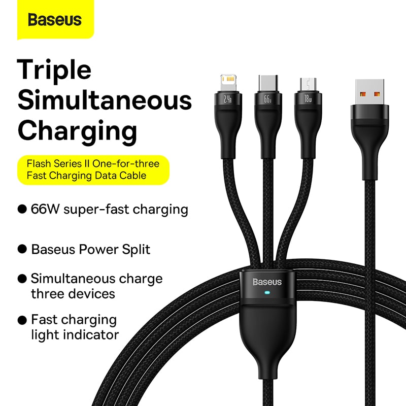 Cáp Sạc Nhanh Baseus Flash II 3 trong 1 | Có Đèn Báo Sạc Nhanh, Hỗ Trợ 66W, USB to M+L+C