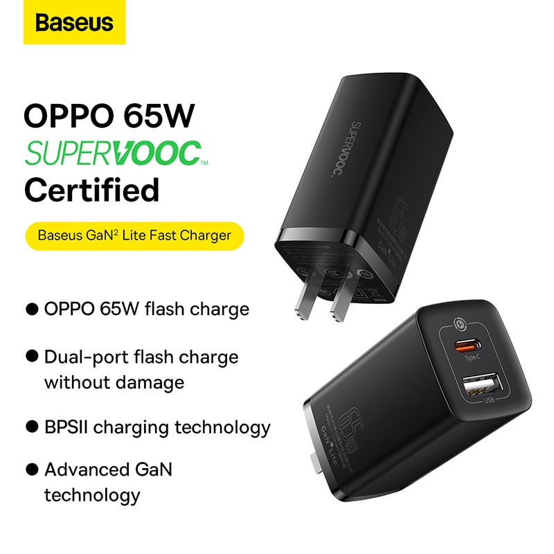 Củ Sạc Nhanh Baseus GaN2 Lite 65W | Hỗ Trợ SUPERVOOC, 2 Cổng Type-C & USB, Sạc Nhanh 2 Cổng 45W+20W