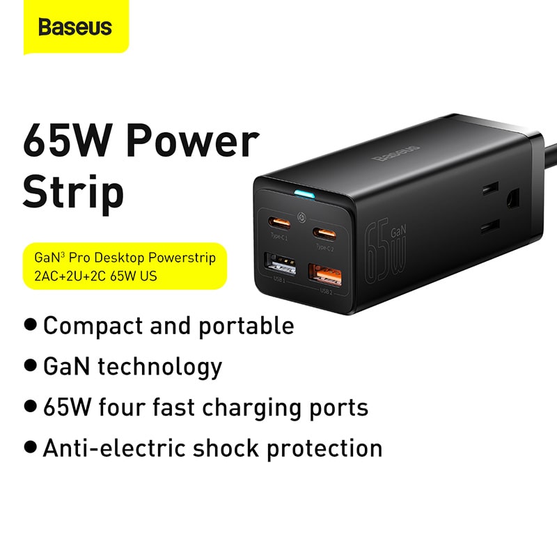 Trạm Sạc Baseus GaN3 Pro 65W 6 Cổng | 2AC, 2USB, 2Type-C, Kèm Cáp 100W