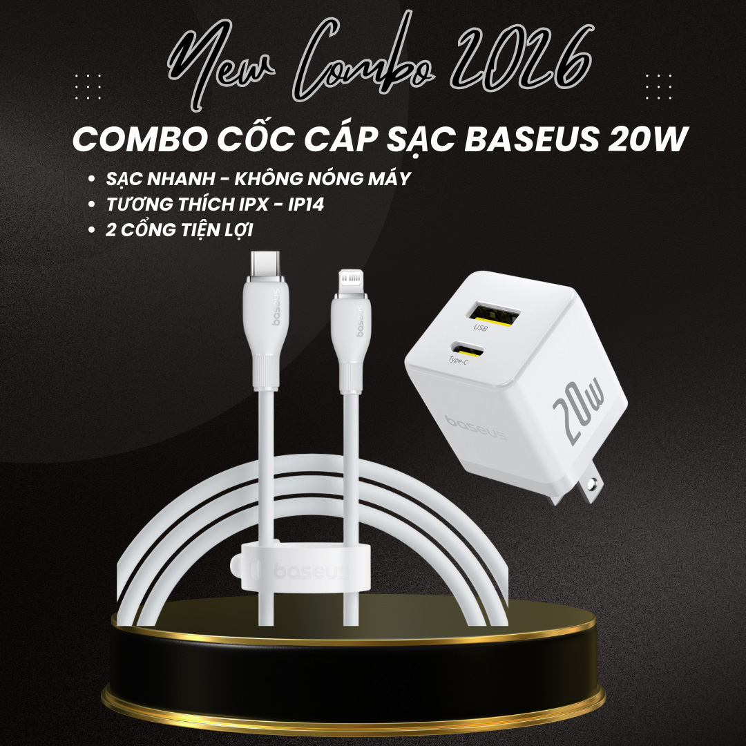 Combo Cốc Cáp Sạc Baseus 20W - Sạc Nhanh - Không Nóng Máy (Cốc Type-C + USB, Cáp Type-C to Ln 1m)