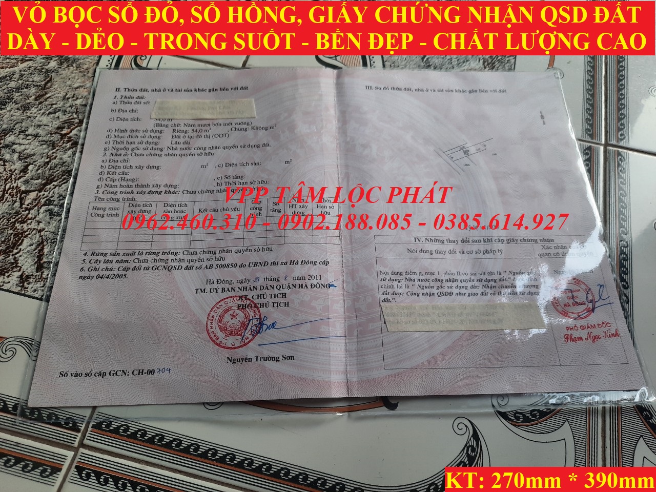 VỎ BỌC SỔ ĐỎ, sổ hồng, Giấy chứng nhận QSD đất, KT 275*390mm (SỈ LH ĐỂ CÓ GIÁ TỐT NHẤT)