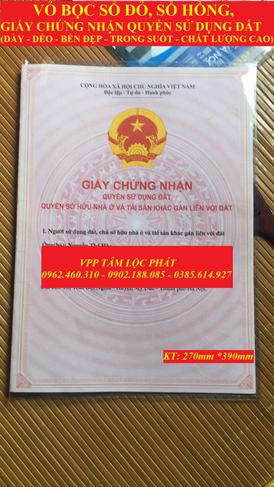 VỎ BỌC SỔ ĐỎ, sổ hồng, Giấy chứng nhận QSD đất, KT 275*390mm (SỈ LH ĐỂ CÓ GIÁ TỐT NHẤT)