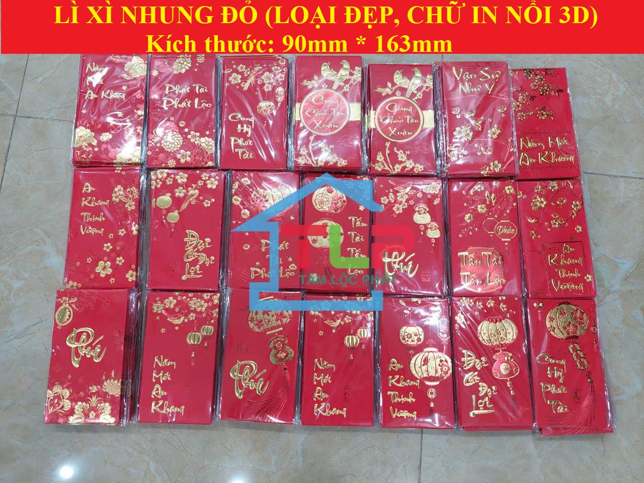 [Lì xì 2025] Sỉ tập 6 BAO LÌ XÌ TẾT NHUNG ĐỎ, KT 90*163mm (HÀNG ĐẸP, CHỮ IN NỔI 3D) nhiều mẫu