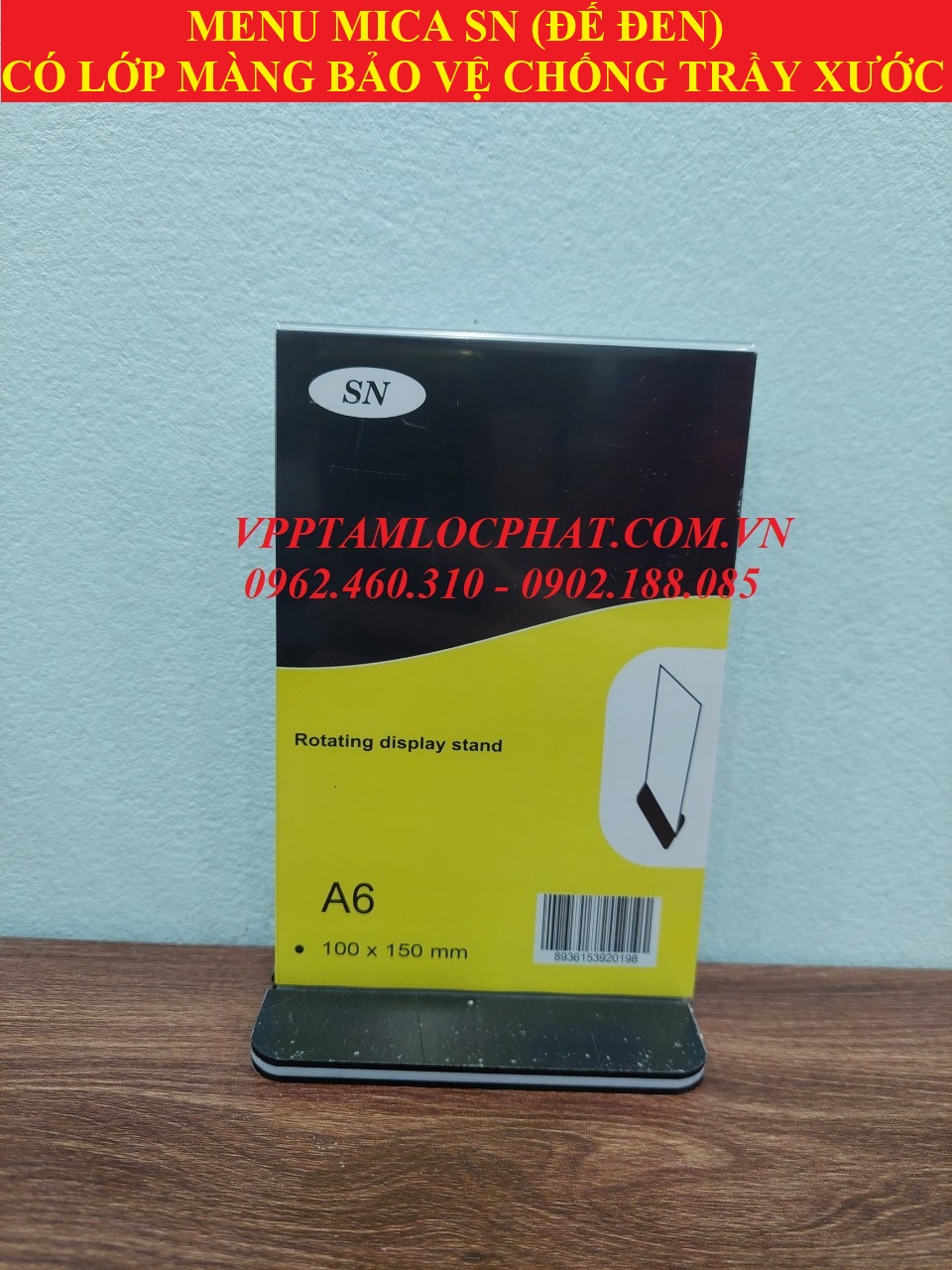 Menu mica A6 SN trong suốt (đế đen)