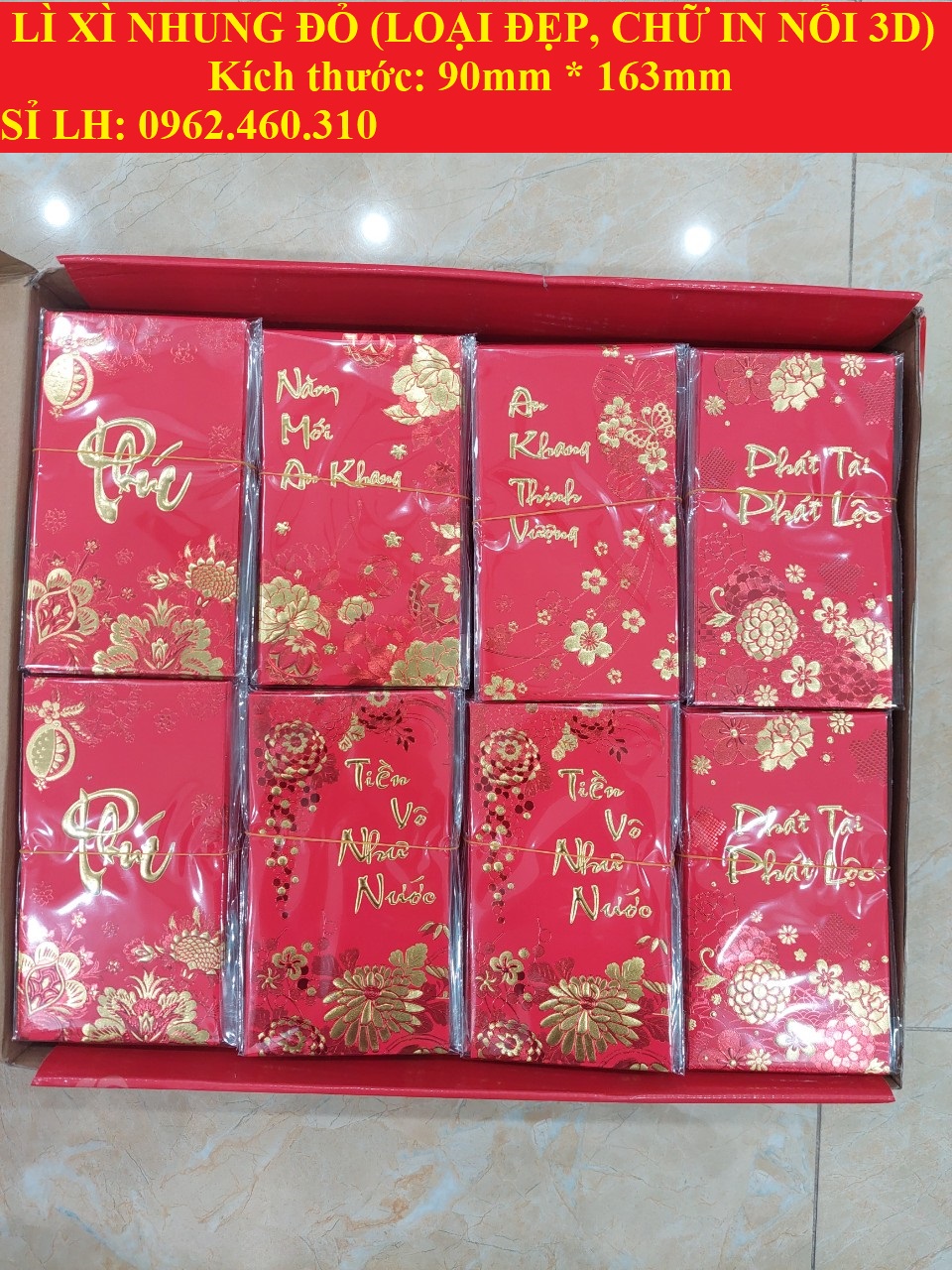 [Lì xì 2025] Sỉ tập 6 BAO LÌ XÌ TẾT NHUNG ĐỎ, KT 90*163mm (HÀNG ĐẸP, CHỮ IN NỔI 3D) nhiều mẫu