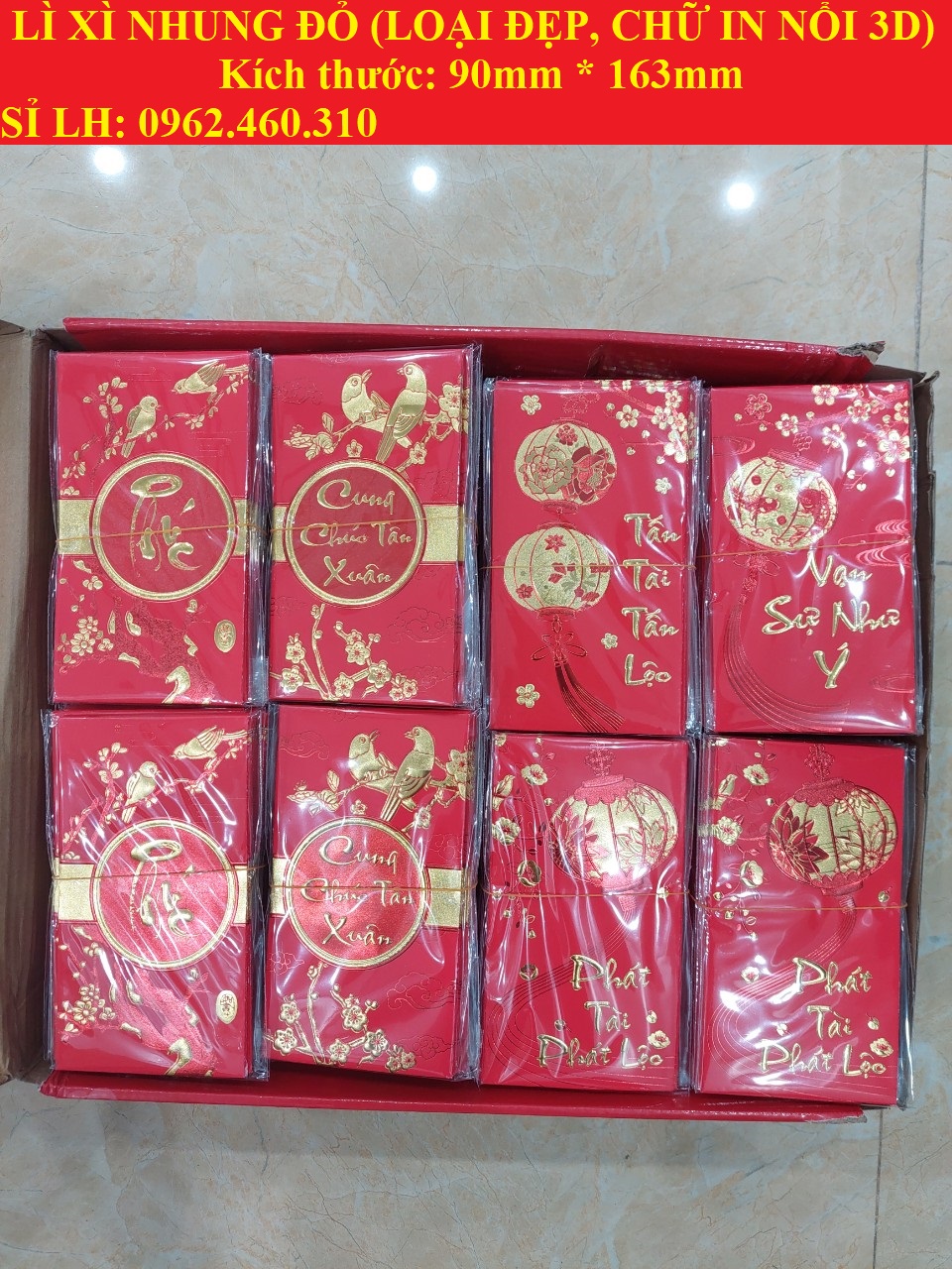 [Lì xì 2025] Sỉ tập 6 BAO LÌ XÌ TẾT NHUNG ĐỎ, KT 90*163mm (HÀNG ĐẸP, CHỮ IN NỔI 3D) nhiều mẫu
