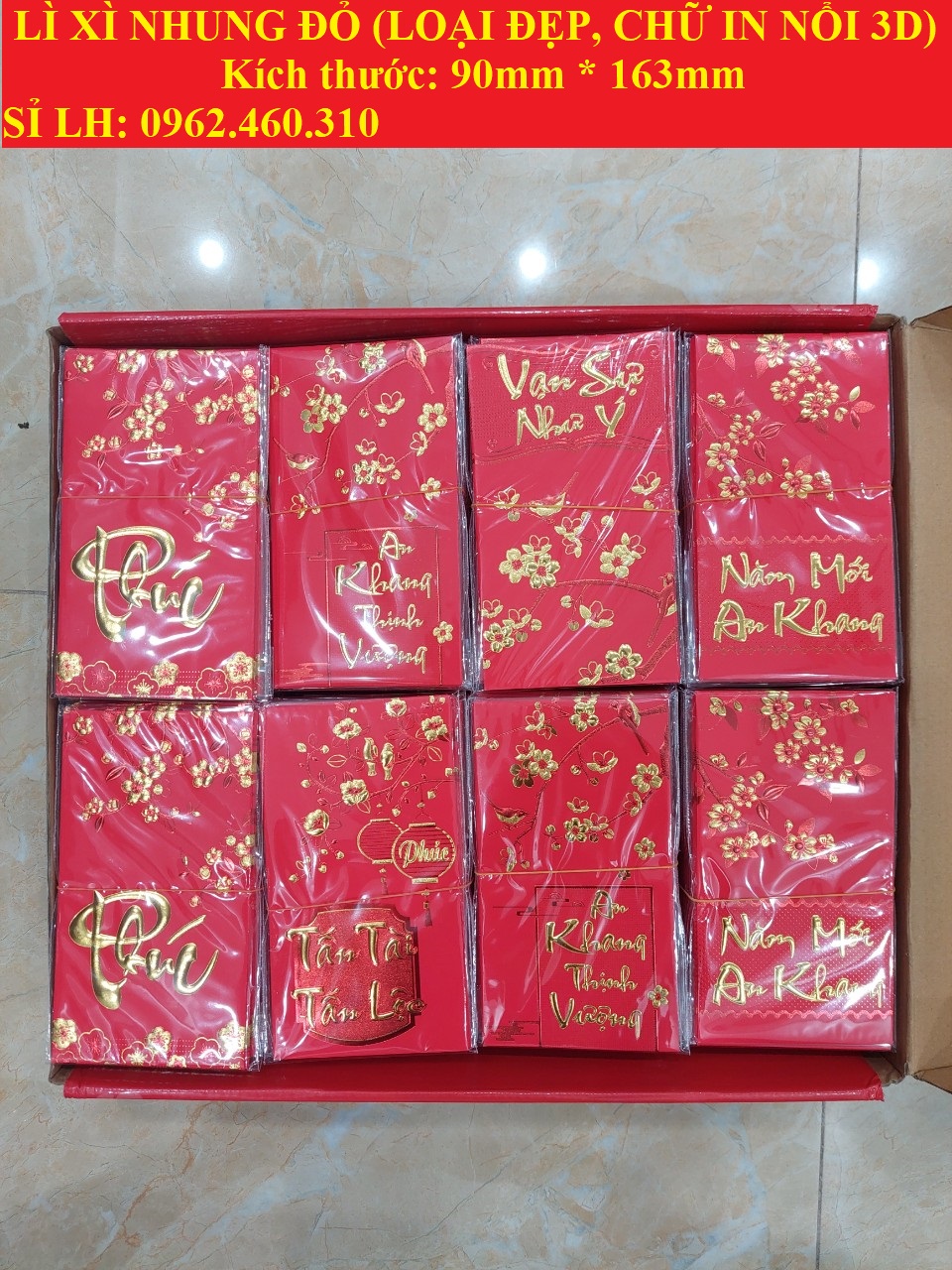 [Lì xì 2025] Sỉ tập 6 BAO LÌ XÌ TẾT NHUNG ĐỎ, KT 90*163mm (HÀNG ĐẸP, CHỮ IN NỔI 3D) nhiều mẫu