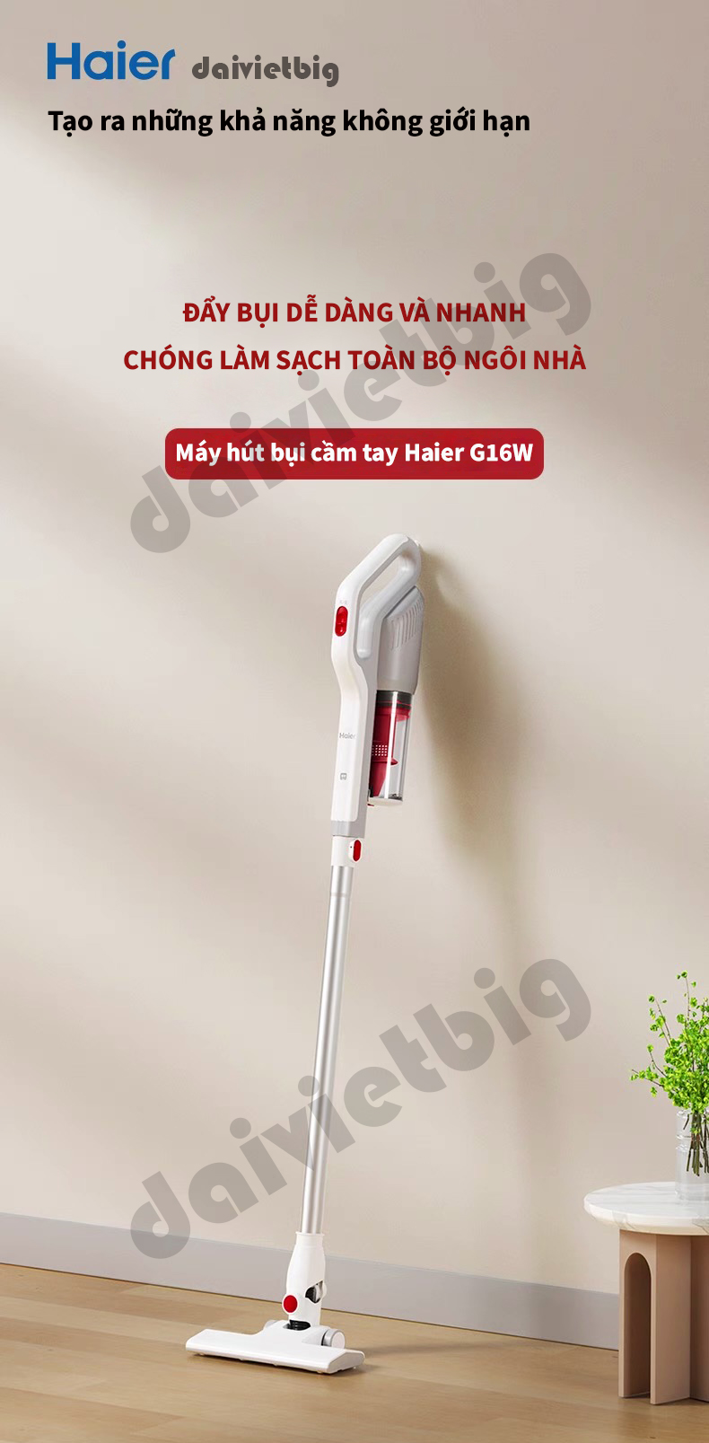 Máy hút bụi cầm tay Haier G16W, Hút bụi giường nệm,ô tô, lực hút 16.000Pa cao cấp