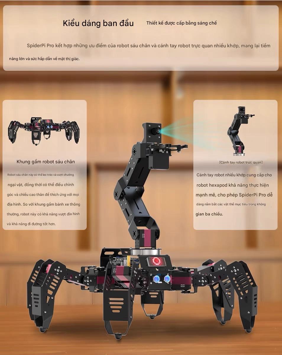 Robot Nhện Sinh Học Hexapod AI – SpiderPi Pro Nền tảng Raspberry Pi 5 • Tầm Nhìn Máy Tính • Lập Trình Python & ROS