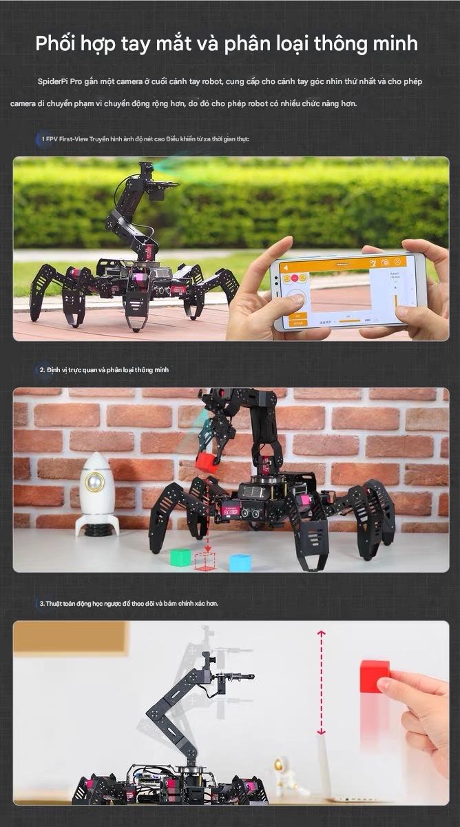Robot Nhện Sinh Học Hexapod AI – SpiderPi Pro Nền tảng Raspberry Pi 5 • Tầm Nhìn Máy Tính • Lập Trình Python & ROS