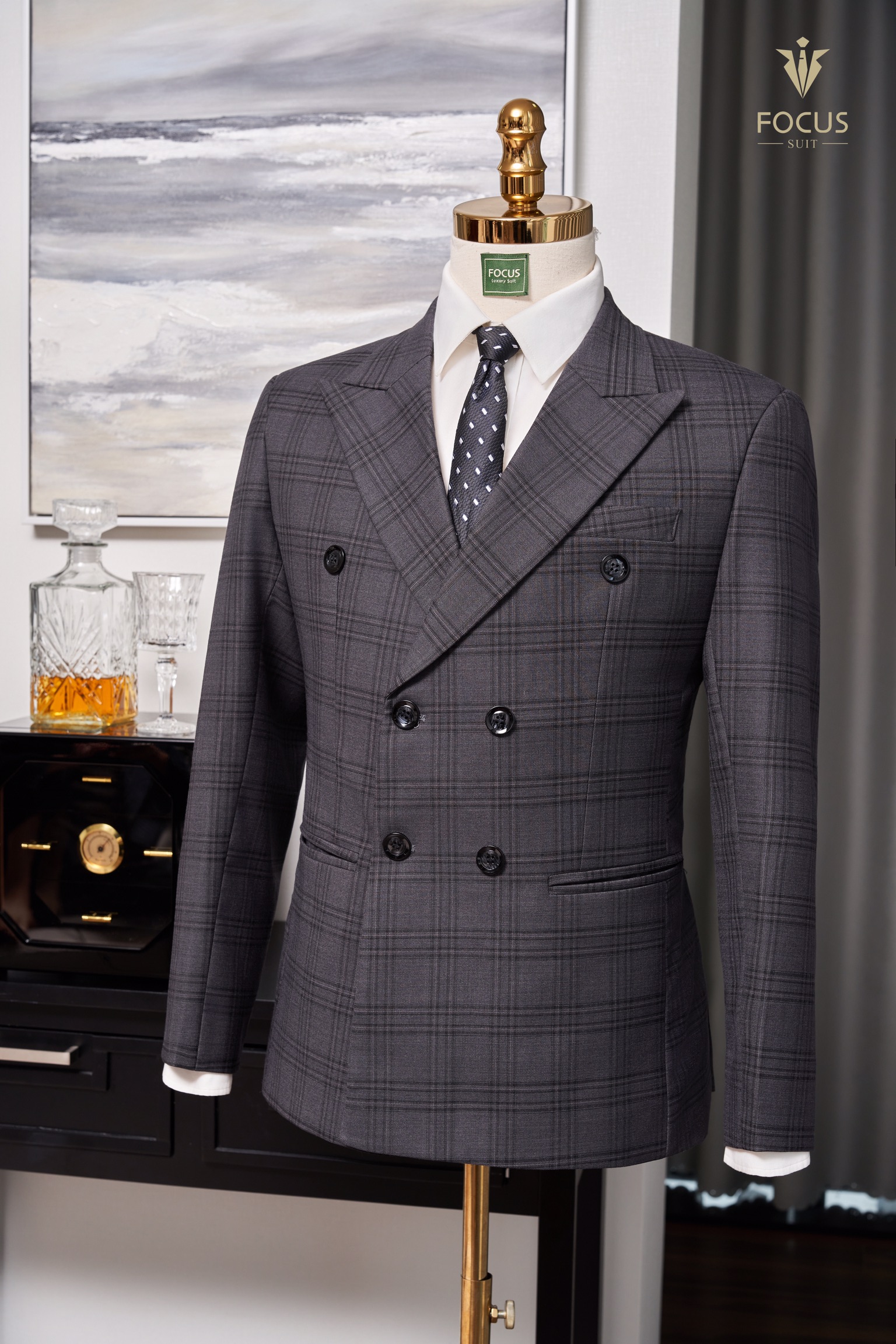 Vest xám kẻ ô 6 cúc