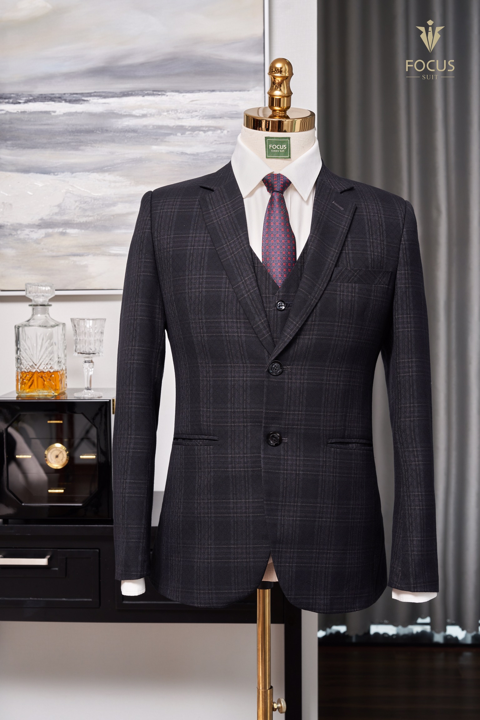 Vest kẻ ô đen tím 2 cúc