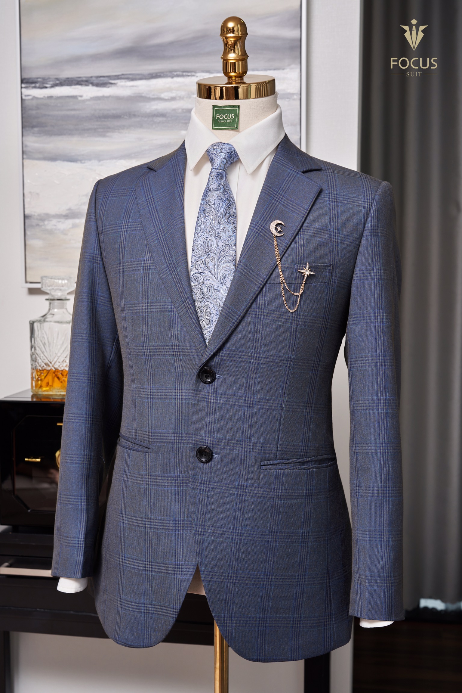 Vest xanh kẻ ô 2 cúc ánh