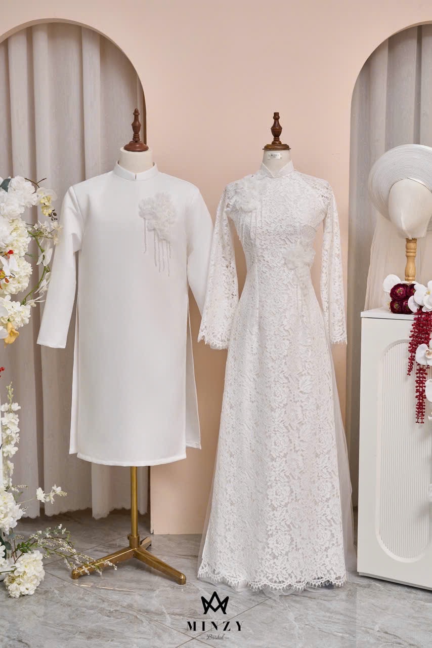 Áo dài cặp trắng ren 30