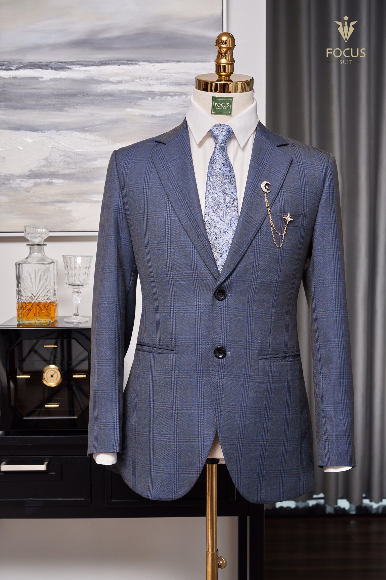 Vest xanh kẻ ô 2 cúc ánh