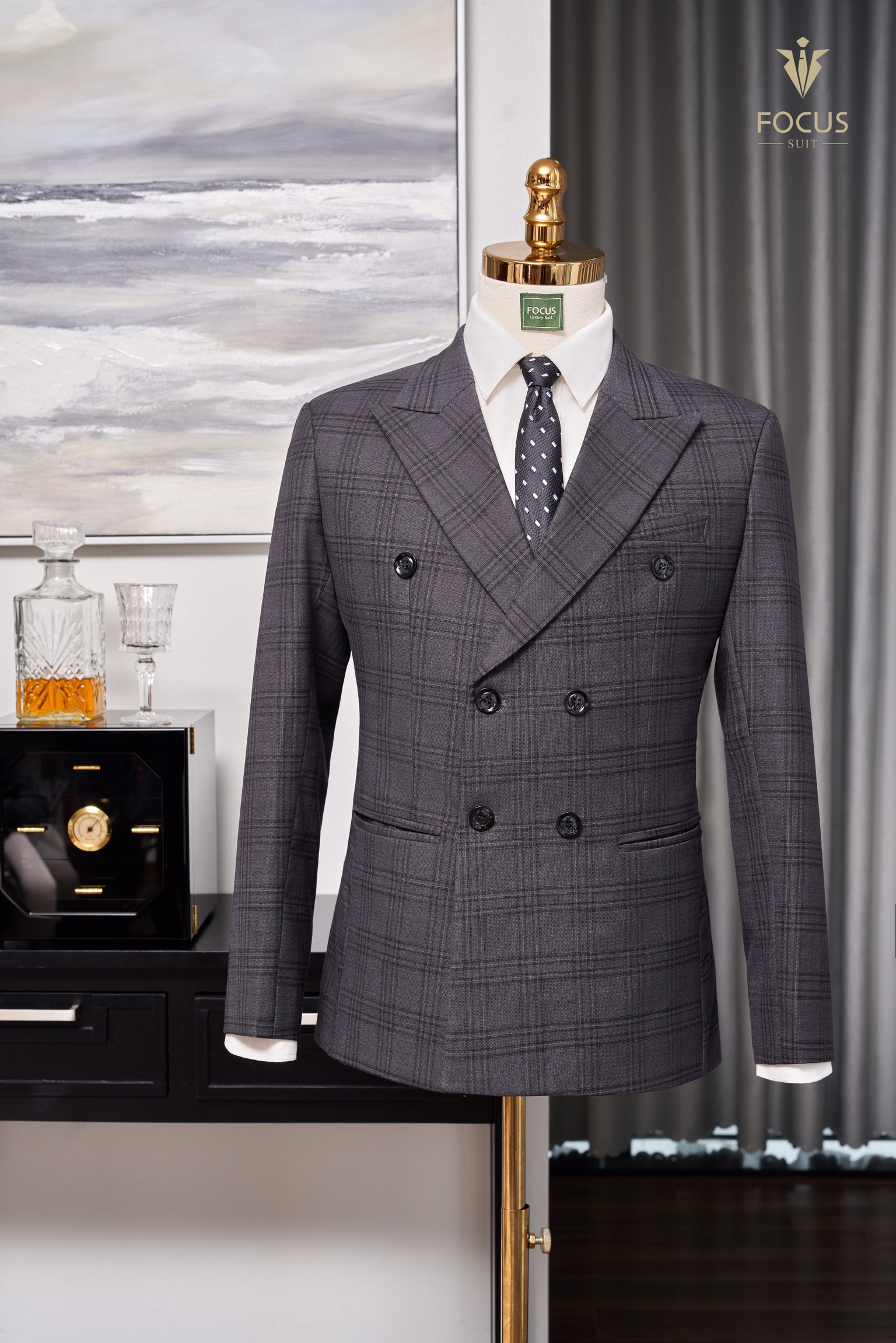 Vest xám kẻ ô 6 cúc