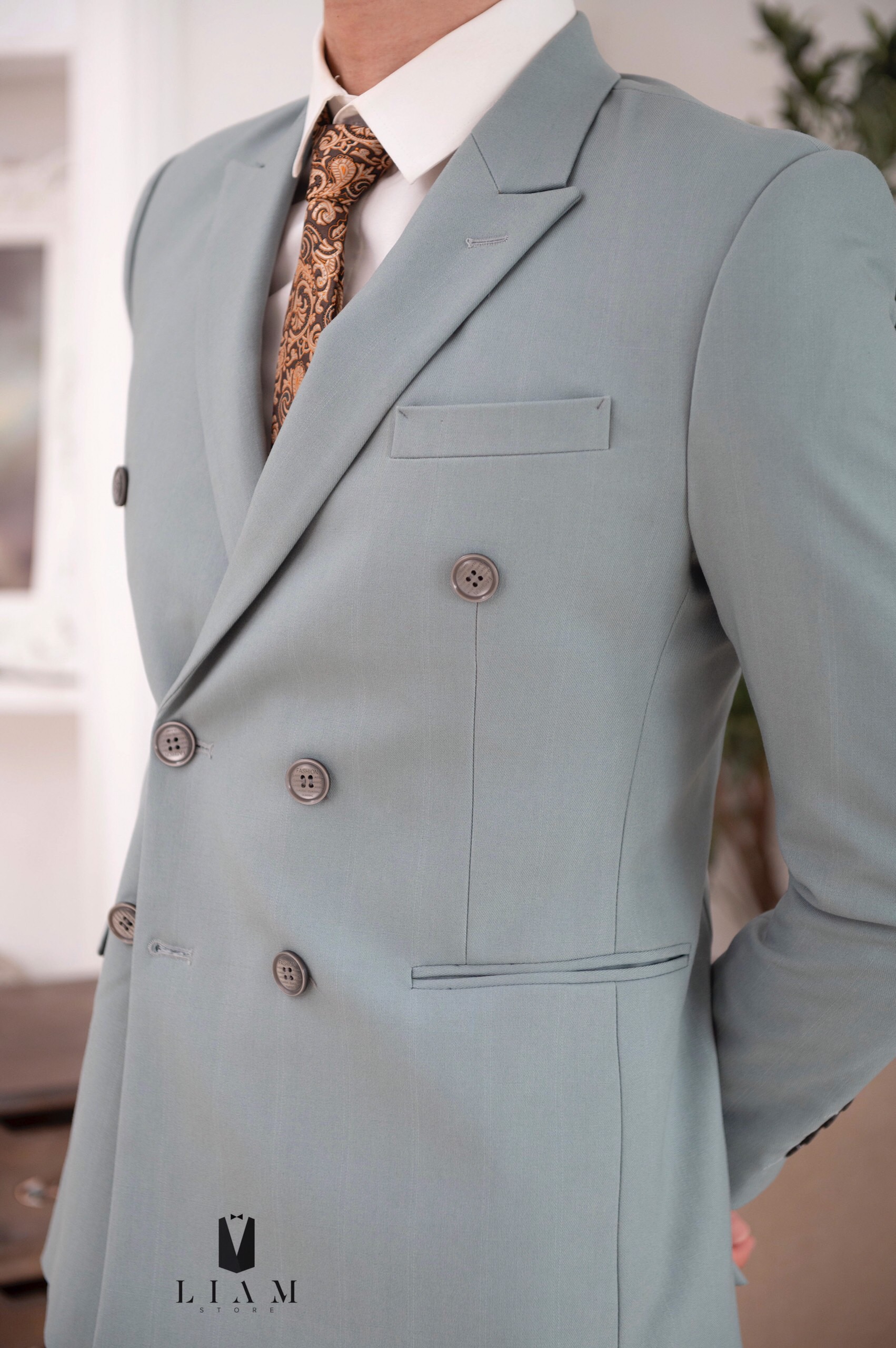Bộ vest xanh chấm bi chéo vạt - mua áo vest nam tại hà nội