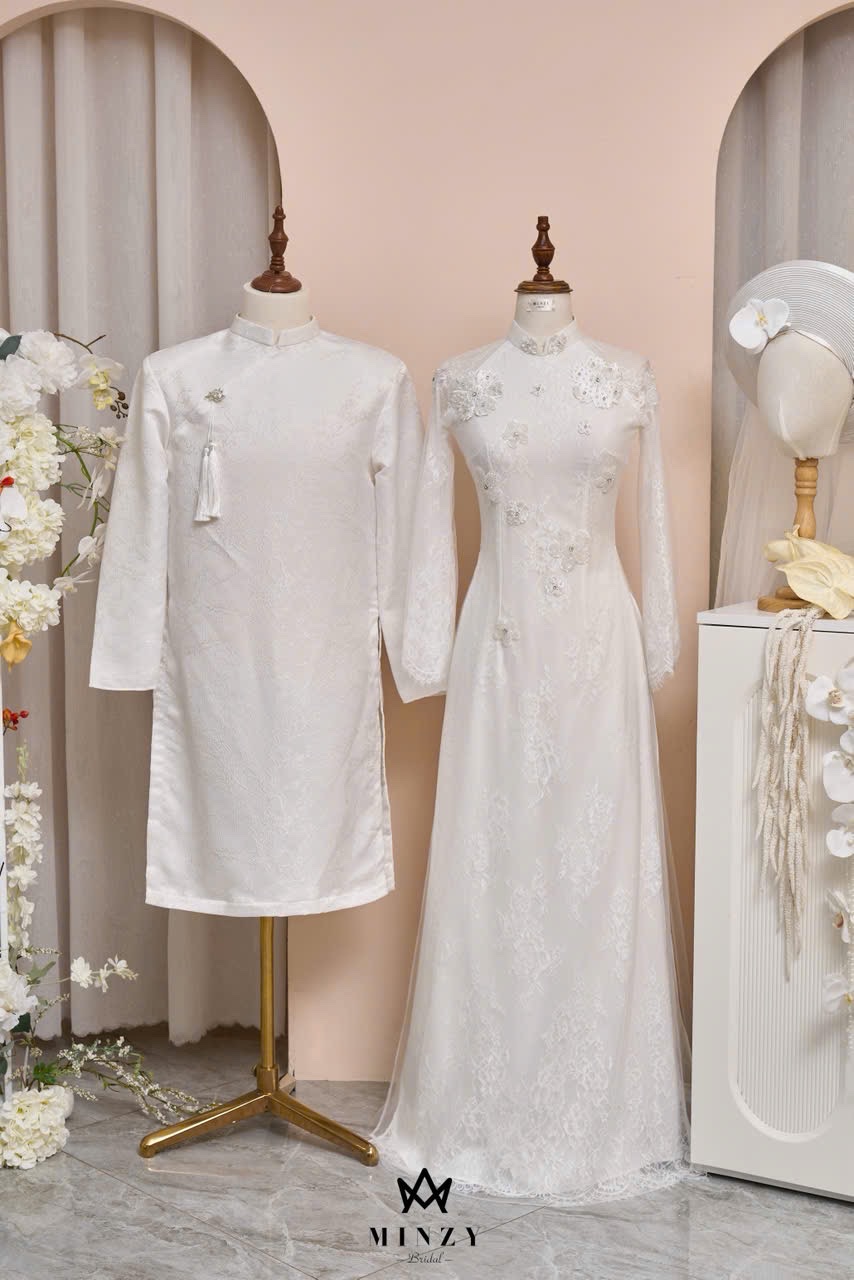 Áo dài cặp trắng ren 29