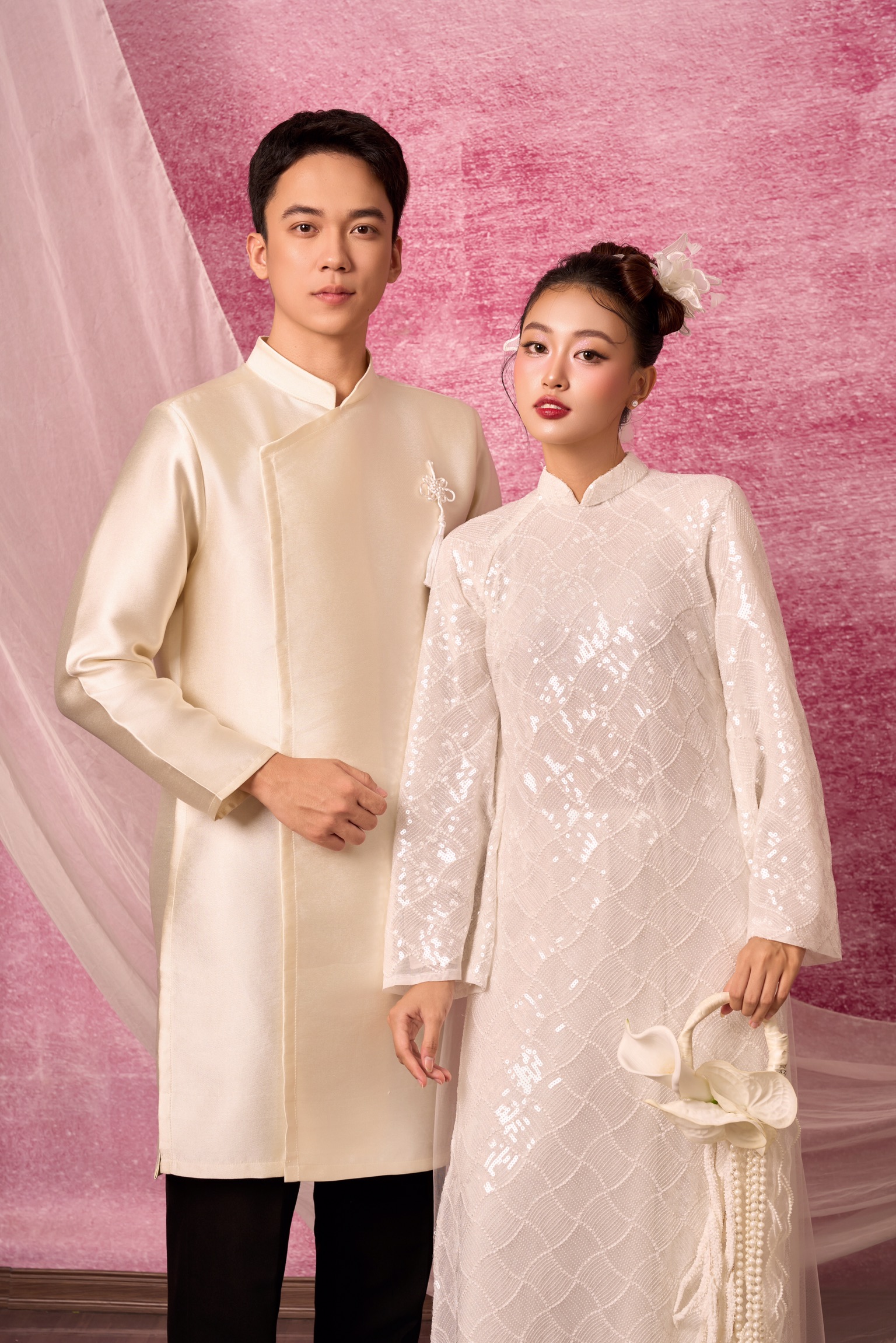 Áo dài cặp  mix trắng be 03