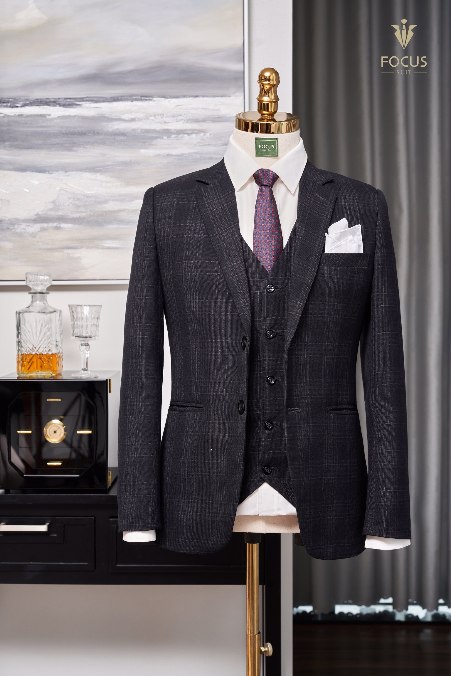 Vest kẻ ô đen tím 2 cúc