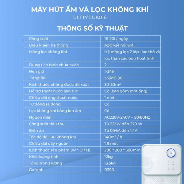 MÁY HÚT ẨM VÀ LỌC KHÔNG KHÍ U - ULTTY LUK016