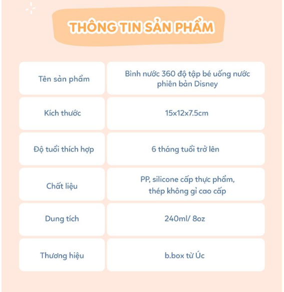 BÌNH NƯỚC 360 ĐỘ CÓ VAN CHỐNG SẶC VÀ TAY CẦM PHIÊN BẢN DISNEY CHO BÉ TẬP UỐNG NƯỚC 240ML - B.BOX