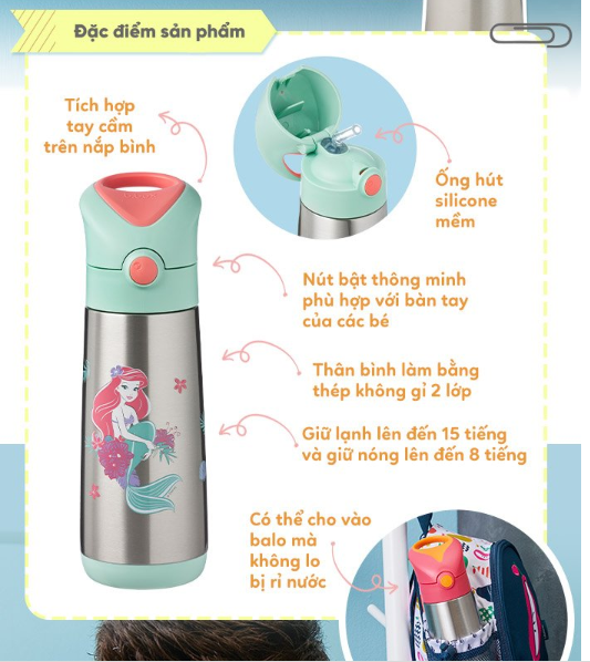 BÌNH NƯỚC GIỮ NHIỆT ĐA NĂNG CHẤT LIỆU THÉP KHÔNG GỈ, TÍCH HỢP TAY CẦM, ĐẦU HÚT SILICONE CHO BÉ - B.BOX