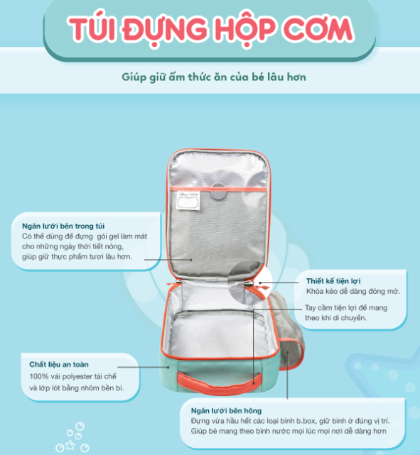 SET HỘP CƠM TRƯ/ĐỒ ĂN VẶT, TÚI ĐỰNG HỘP CƠM VÀ BÌNH NƯỚC PHIÊN BẢN LITTLE MERMAID CHO BÉ - B.BOX