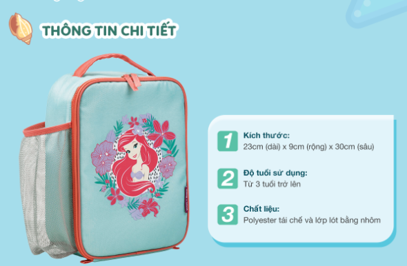 SET HỘP CƠM TRƯ/ĐỒ ĂN VẶT, TÚI ĐỰNG HỘP CƠM VÀ BÌNH NƯỚC PHIÊN BẢN LITTLE MERMAID CHO BÉ - B.BOX